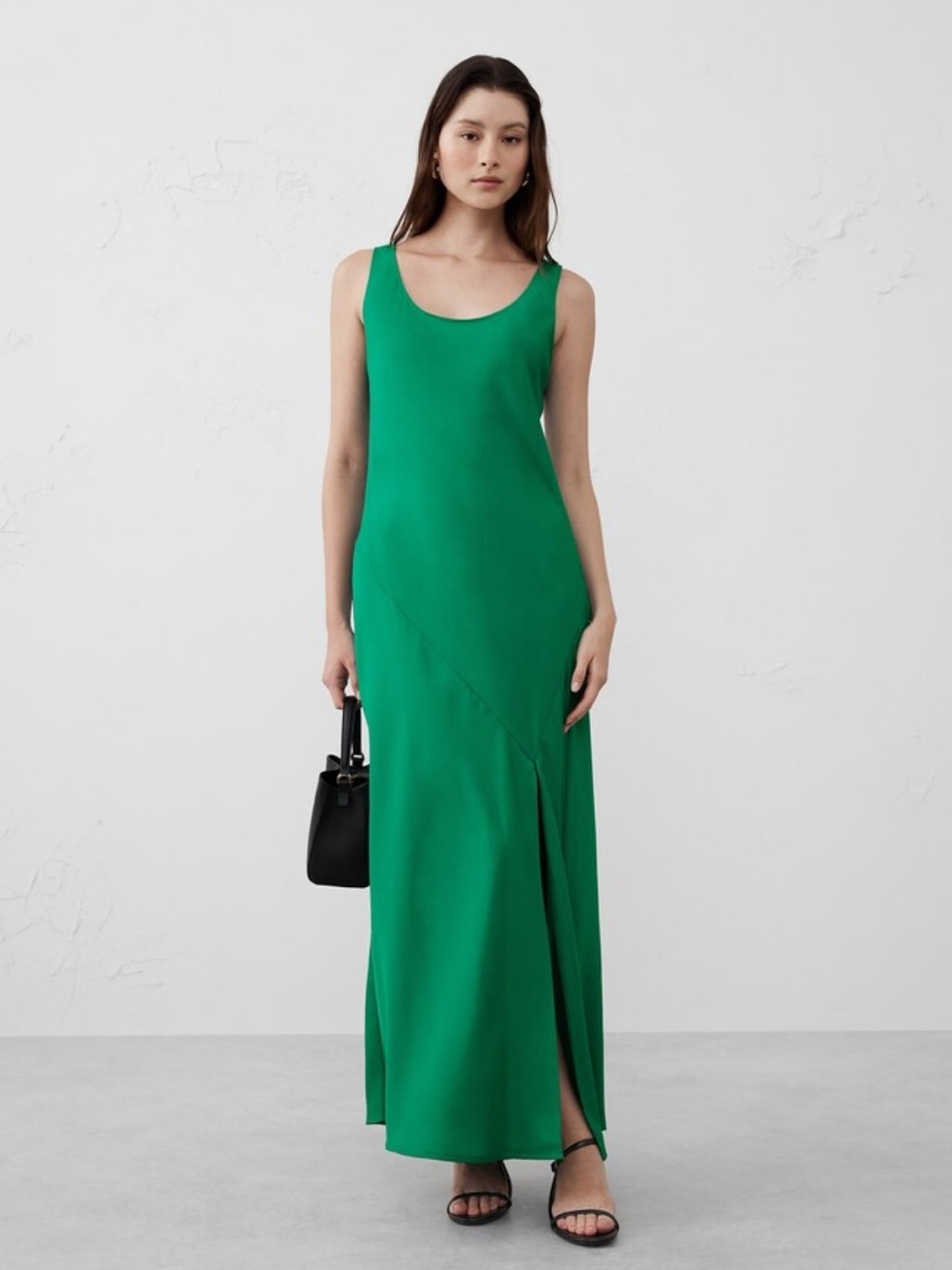 Banana Republic Emerald Green SILKY TWILL SLIT MAXI DRESS size L Preppy Luxury